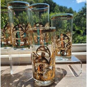 Set of 4 Culver Mushroom Highball Glasses - 22K Gold Tumbler Signed MCM Barware